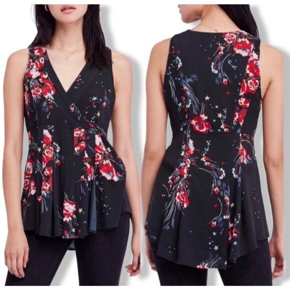 Free People Back  To Basics Floral Tunic Wrap Blouse Flowers Stars Print Size XS - Picture 1 of 7
